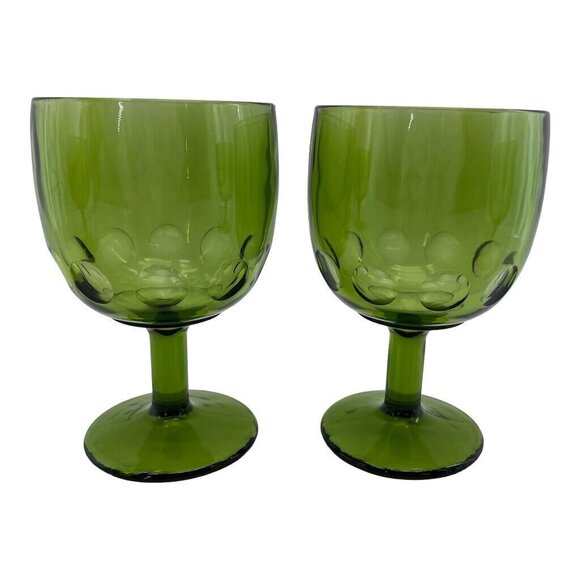 Set Of 4 Green Coin Dot Bartlett Collins Goblets Footed Thumbprint Pedestal Glas - Picture 8 of 13